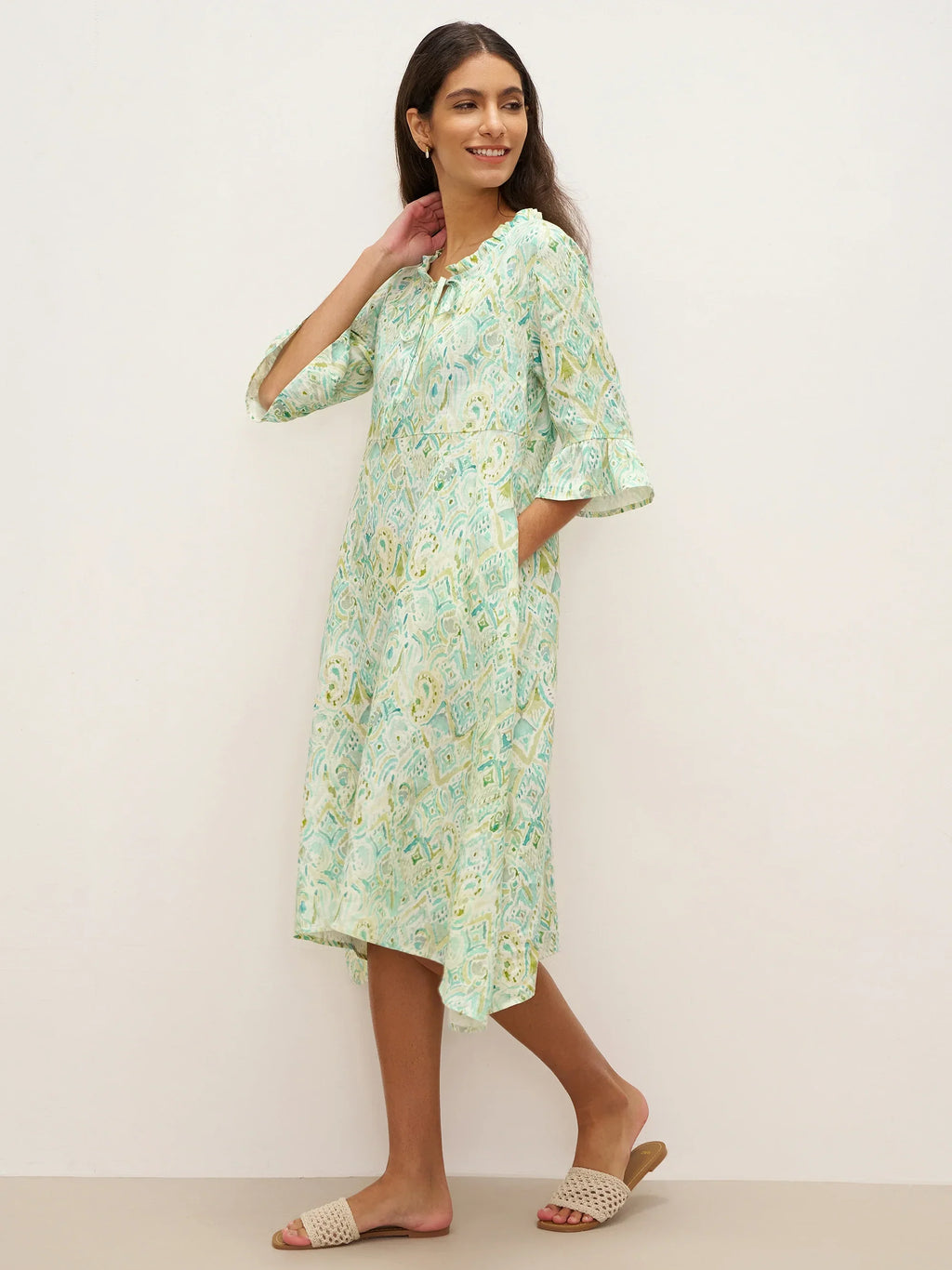 LINTICO 100% Linen A-Line Ruffled Collar Tie-Neck Midi Dress LIVIA — detail shot 6