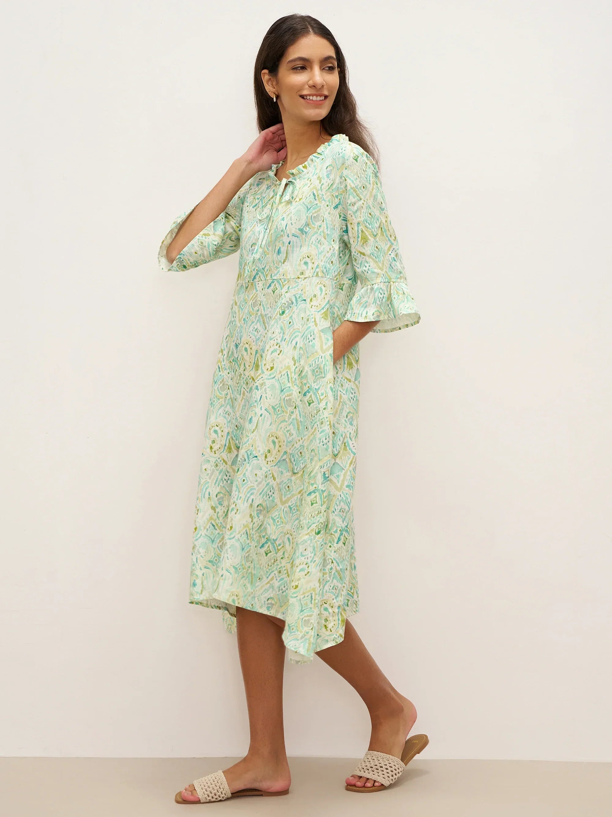 LINTICO 100% Linen A-Line Ruffled Collar Tie-Neck Midi Dress LIVIA — detail shot 6