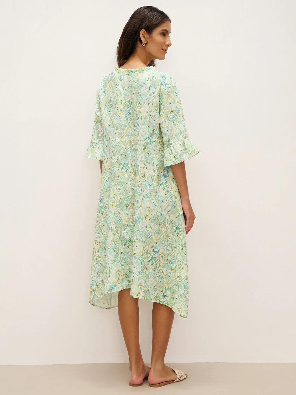 LINTICO 100% Linen A-Line Ruffled Collar Tie-Neck Midi Dress LIVIA — detail shot 7