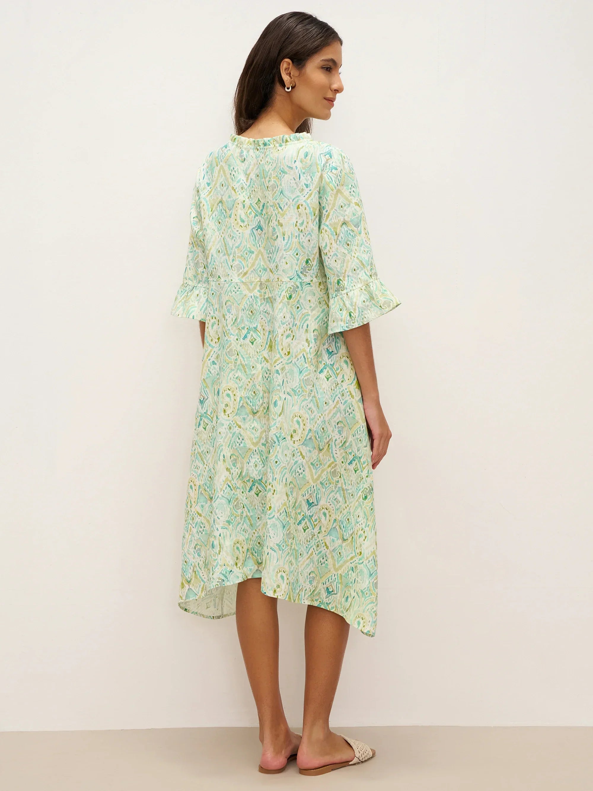 LINTICO 100% Linen A-Line Ruffled Collar Tie-Neck Midi Dress LIVIA — detail shot 7