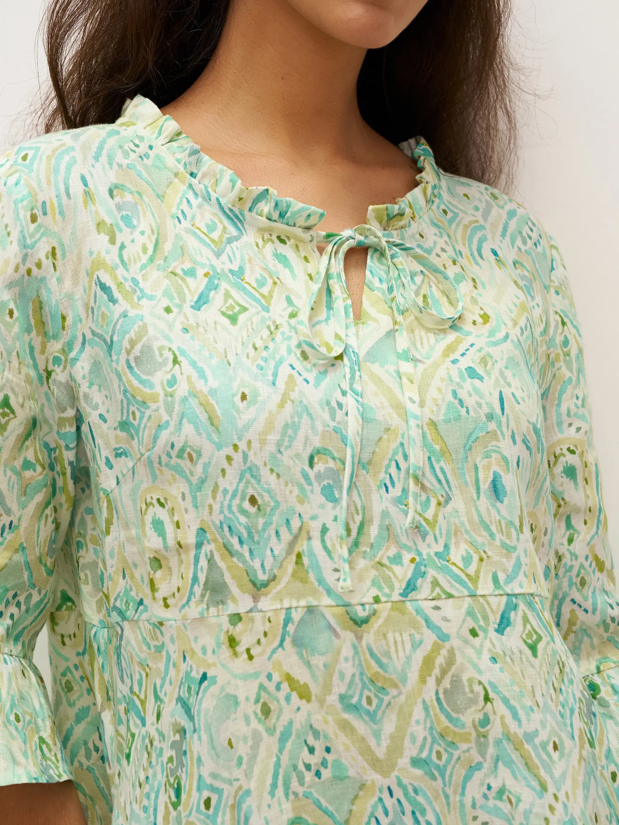 LINTICO 100% Linen A-Line Ruffled Collar Tie-Neck Midi Dress LIVIA — detail shot 8