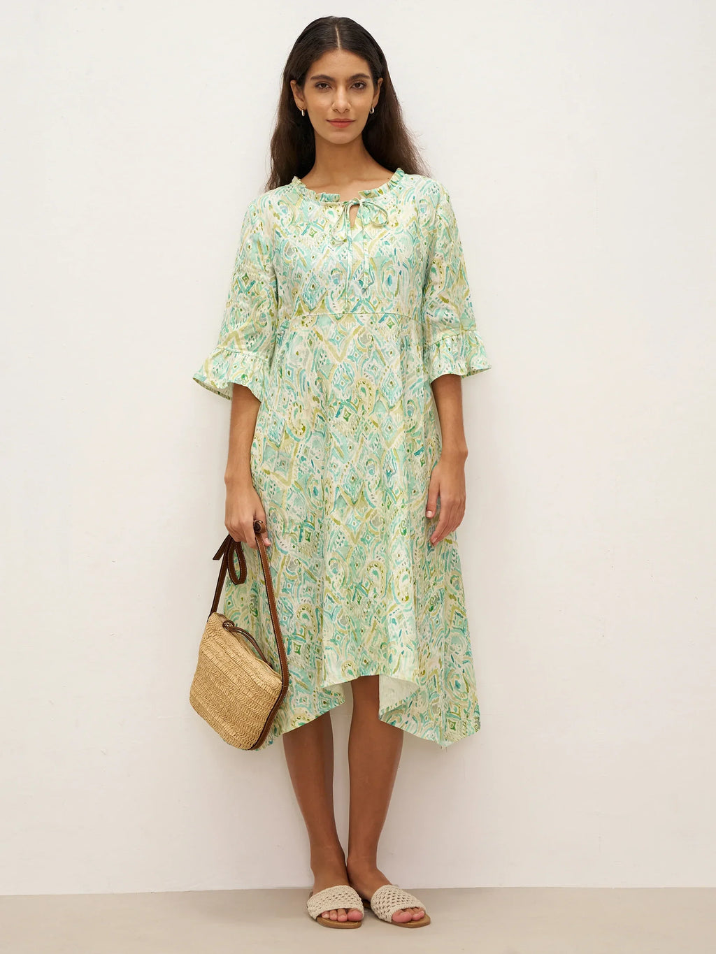 LINTICO 100% Linen A-Line Ruffled Collar Tie-Neck Midi Dress LIVIA — LINTICO branding close-up