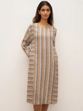 LINTICO LINTICO 100% Linen Striped Crossweave Midi Dress ELSPETH — main product shot