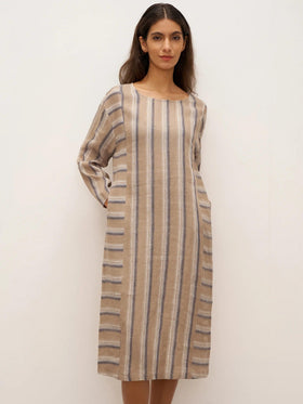 100% Linen Striped Crossweave Midi Dress ELSPETH