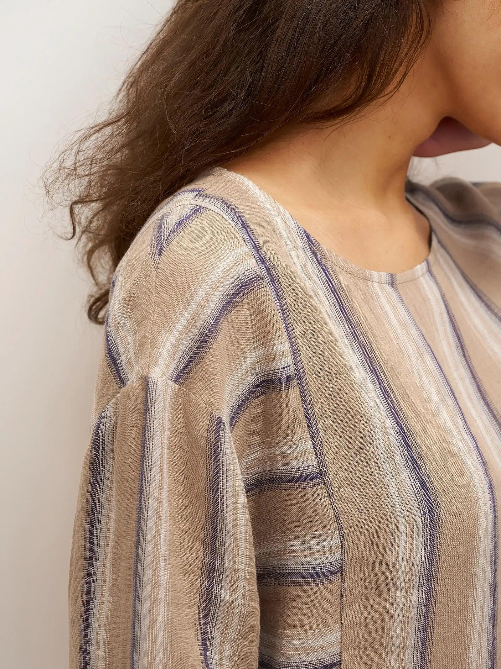 LINTICO LINTICO 100% Linen Striped Crossweave Midi Dress ELSPETH — detail shot 6