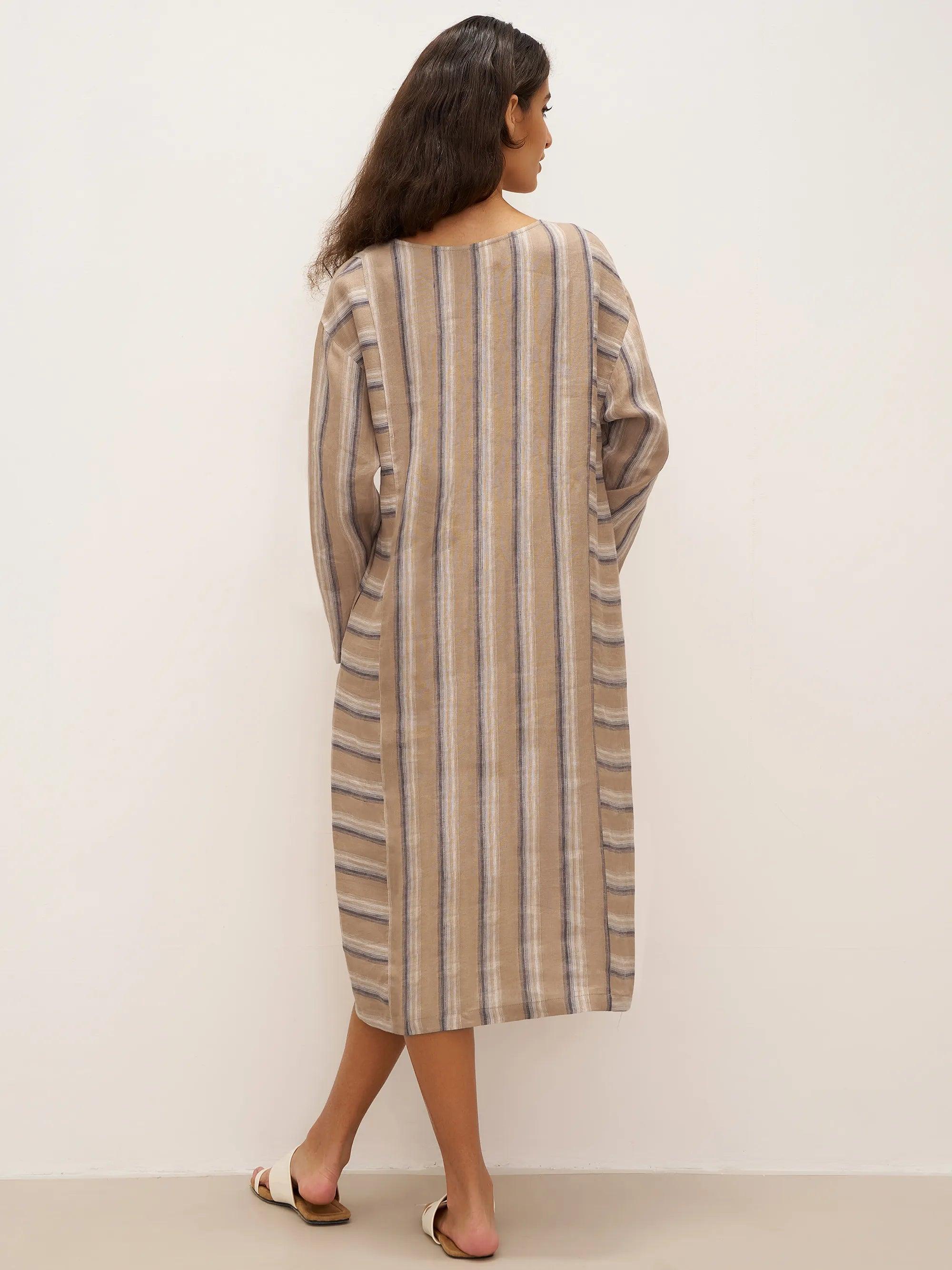 LINTICO LINTICO 100% Linen Striped Crossweave Midi Dress ELSPETH — dresses-midi dresses-linen category context