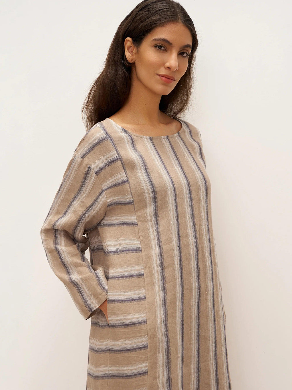 LINTICO LINTICO 100% Linen Striped Crossweave Midi Dress ELSPETH — detail shot 8