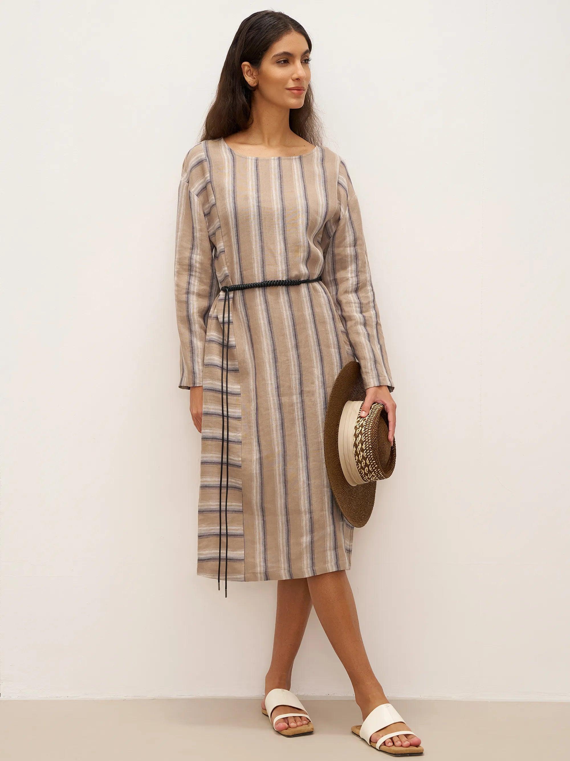 LINTICO LINTICO 100% Linen Striped Crossweave Midi Dress ELSPETH — lifestyle worn / used context