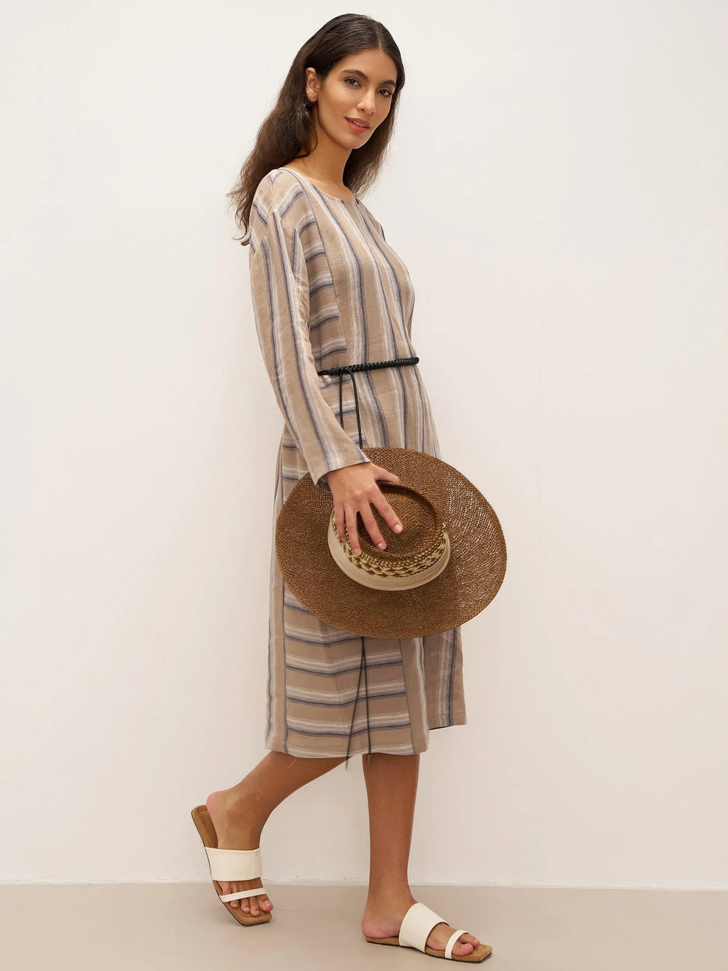 LINTICO LINTICO 100% Linen Striped Crossweave Midi Dress ELSPETH — construction detail