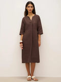 LINTICO 100% Linen V-neck Bell Pocket Midi Dress EVELINA — main product shot