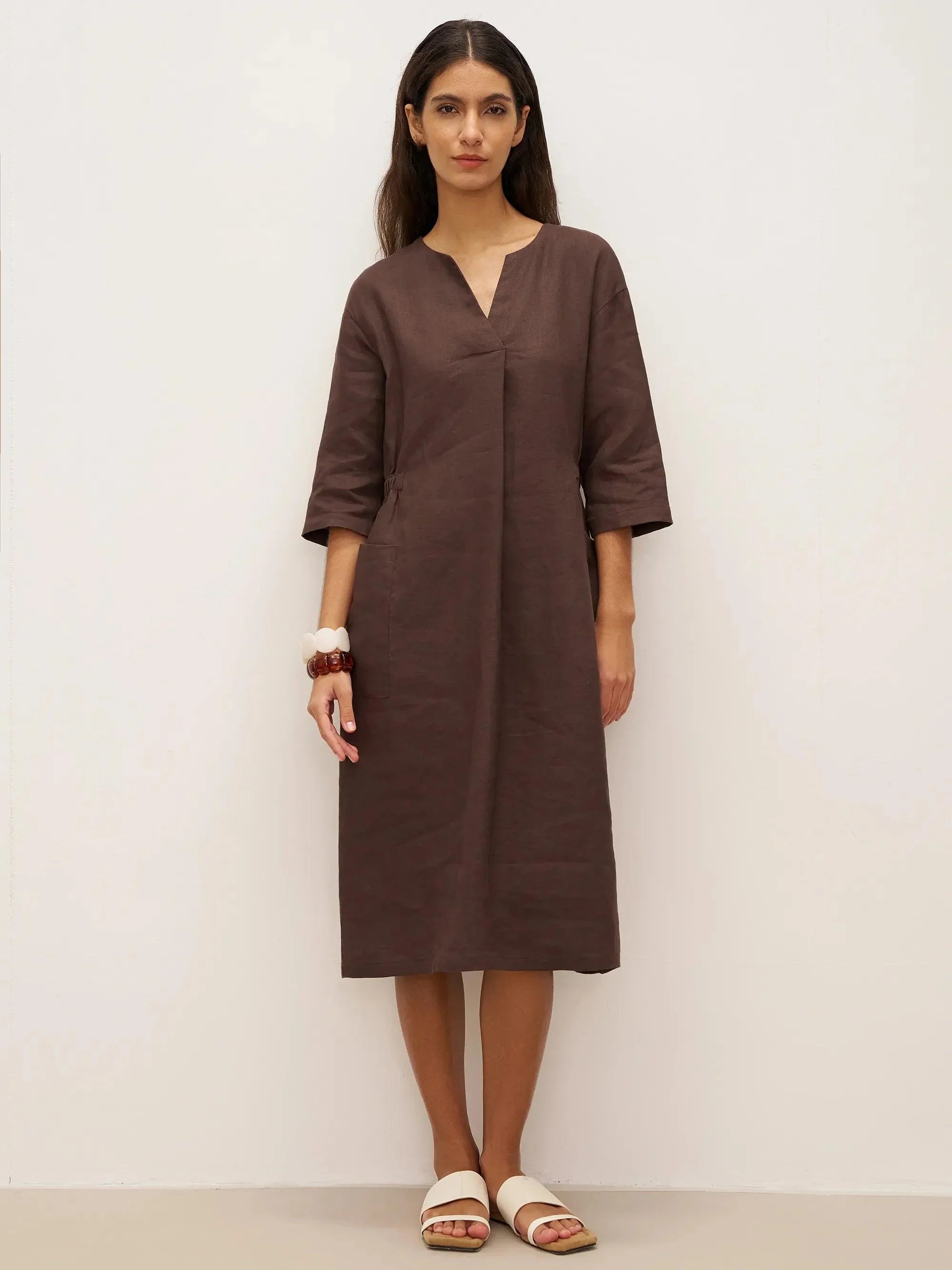 LINTICO 100% Linen V-neck Bell Pocket Midi Dress EVELINA — main product shot