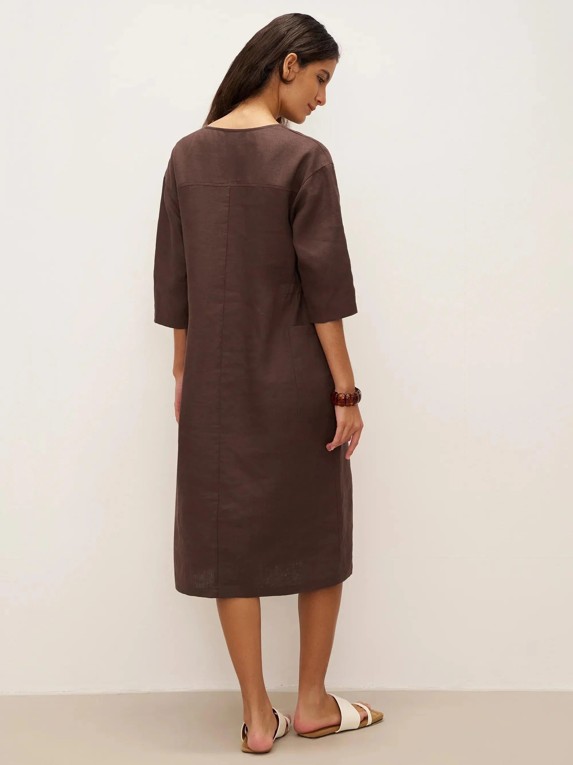 LINTICO 100% Linen V-neck Bell Pocket Midi Dress EVELINA — lifestyle worn / used context