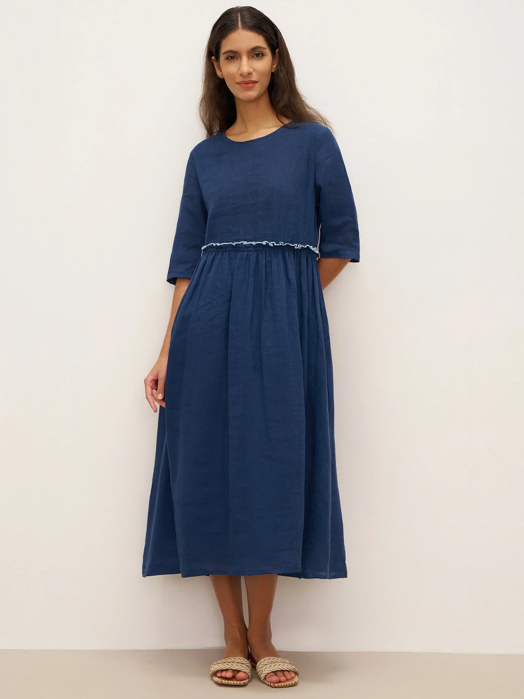 LINTICO 100% Linen Petal-Waist Drawstring Midi Dress JASMINE — main product shot
