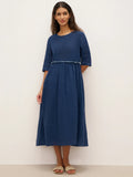 LINTICO 100% Linen Petal-Waist Drawstring Midi Dress JASMINE — main product shot