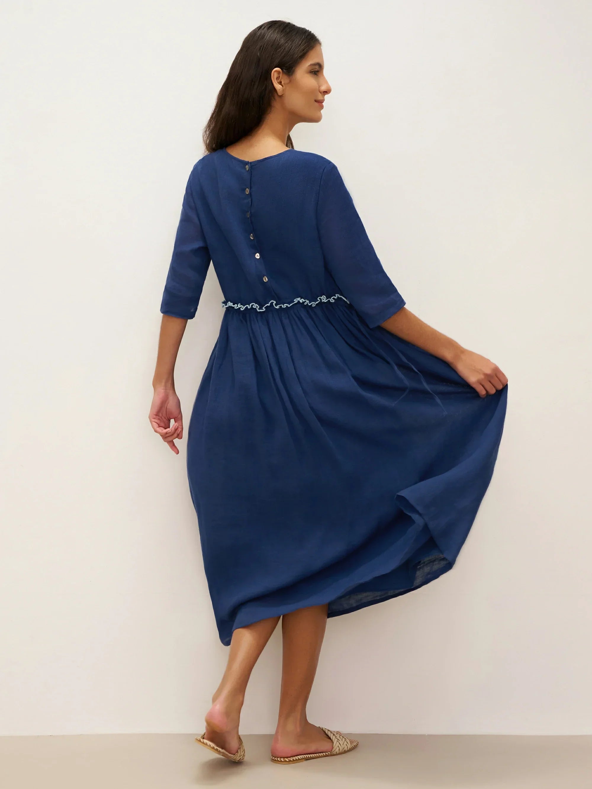 LINTICO 100% Linen Petal-Waist Drawstring Midi Dress JASMINE — lifestyle worn / used context