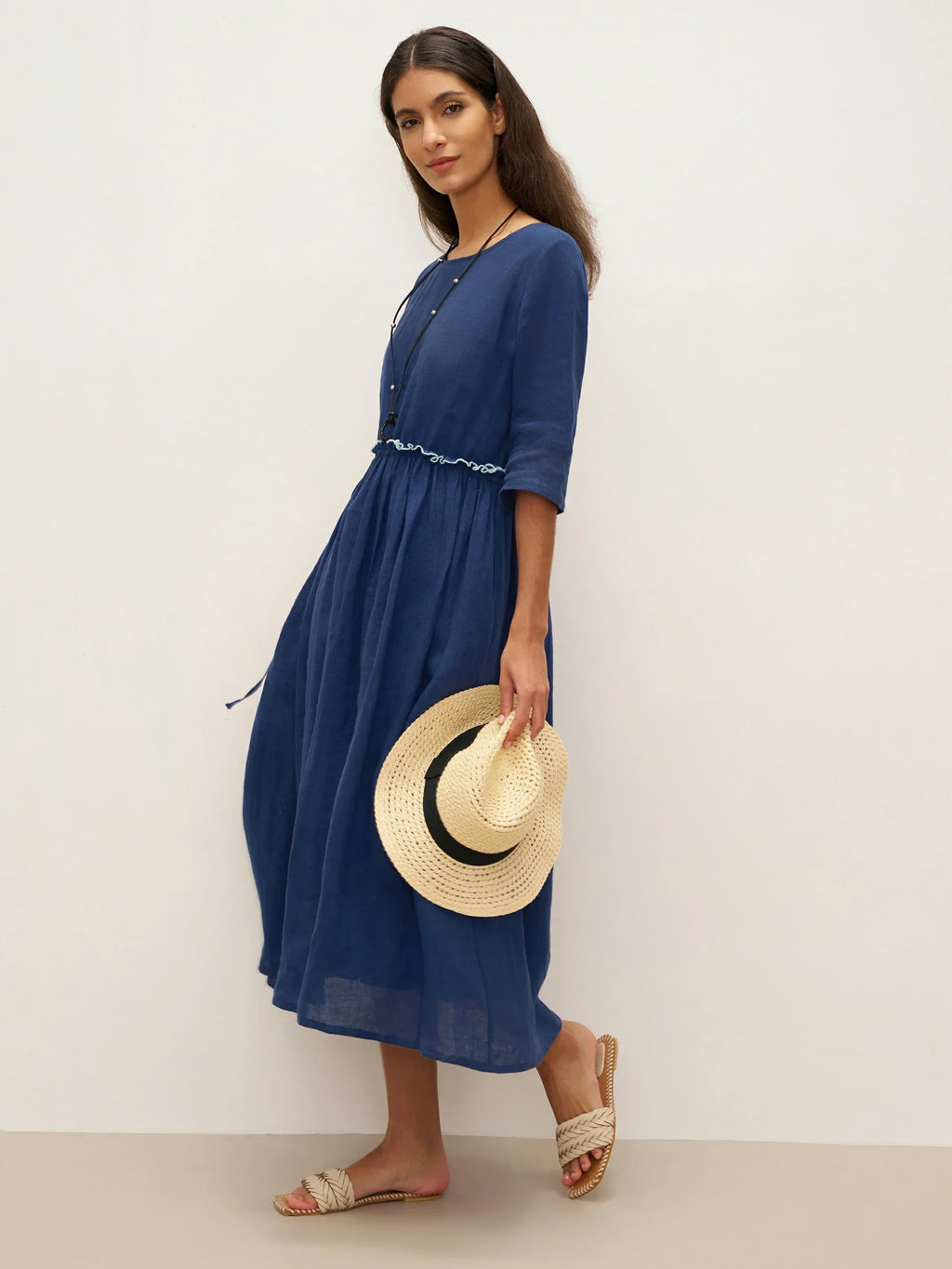 LINTICO 100% Linen Petal-Waist Drawstring Midi Dress JASMINE — detail shot 6