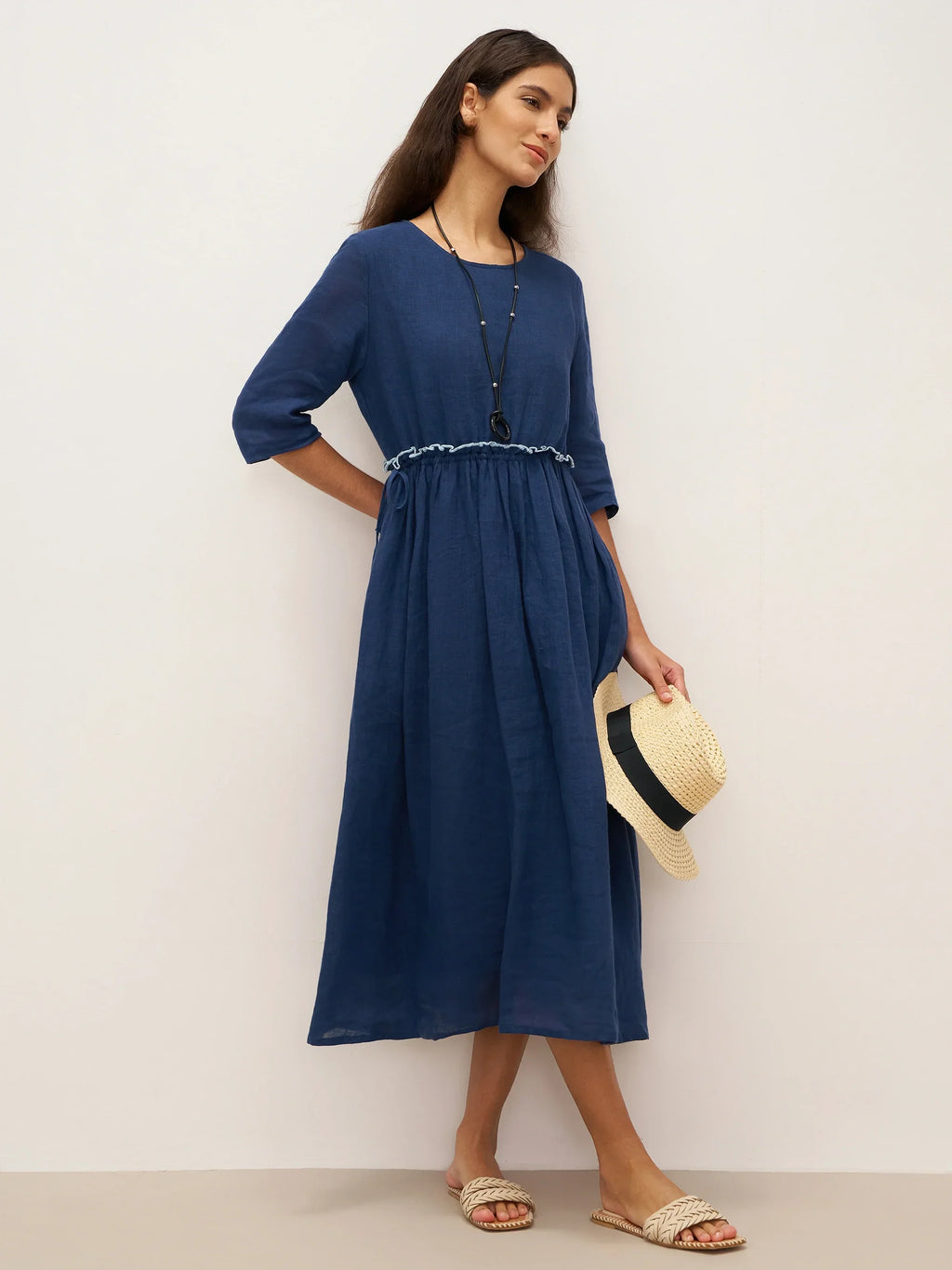 LINTICO 100% Linen Petal-Waist Drawstring Midi Dress JASMINE — LINTICO branding close-up