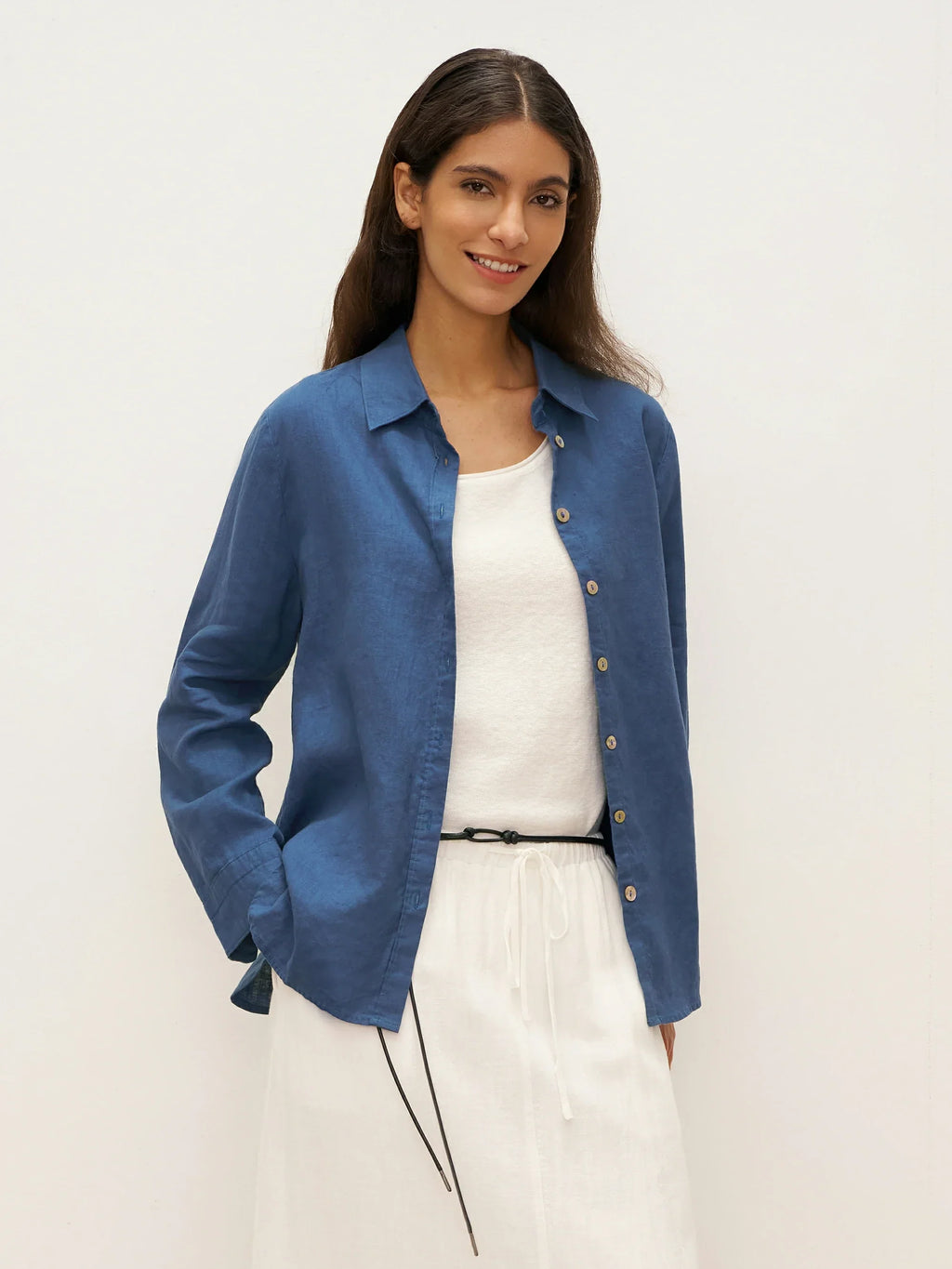 LINTICO 100% Linen Button-Front Shirt with Extended Hem JOVAN — lifestyle worn / used context