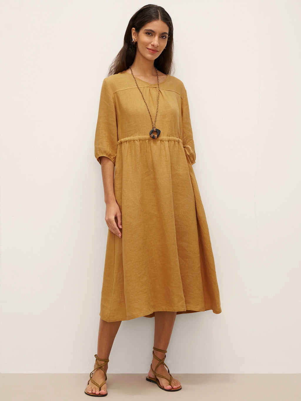 LINTICO 100% Linen A-Line Drawstring Waist Midi Dress DIXIE — detail shot 9