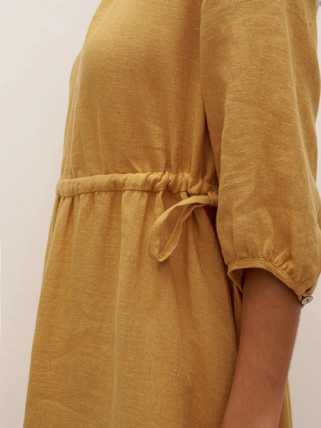 LINTICO 100% Linen A-Line Drawstring Waist Midi Dress DIXIE — fabric or material detail