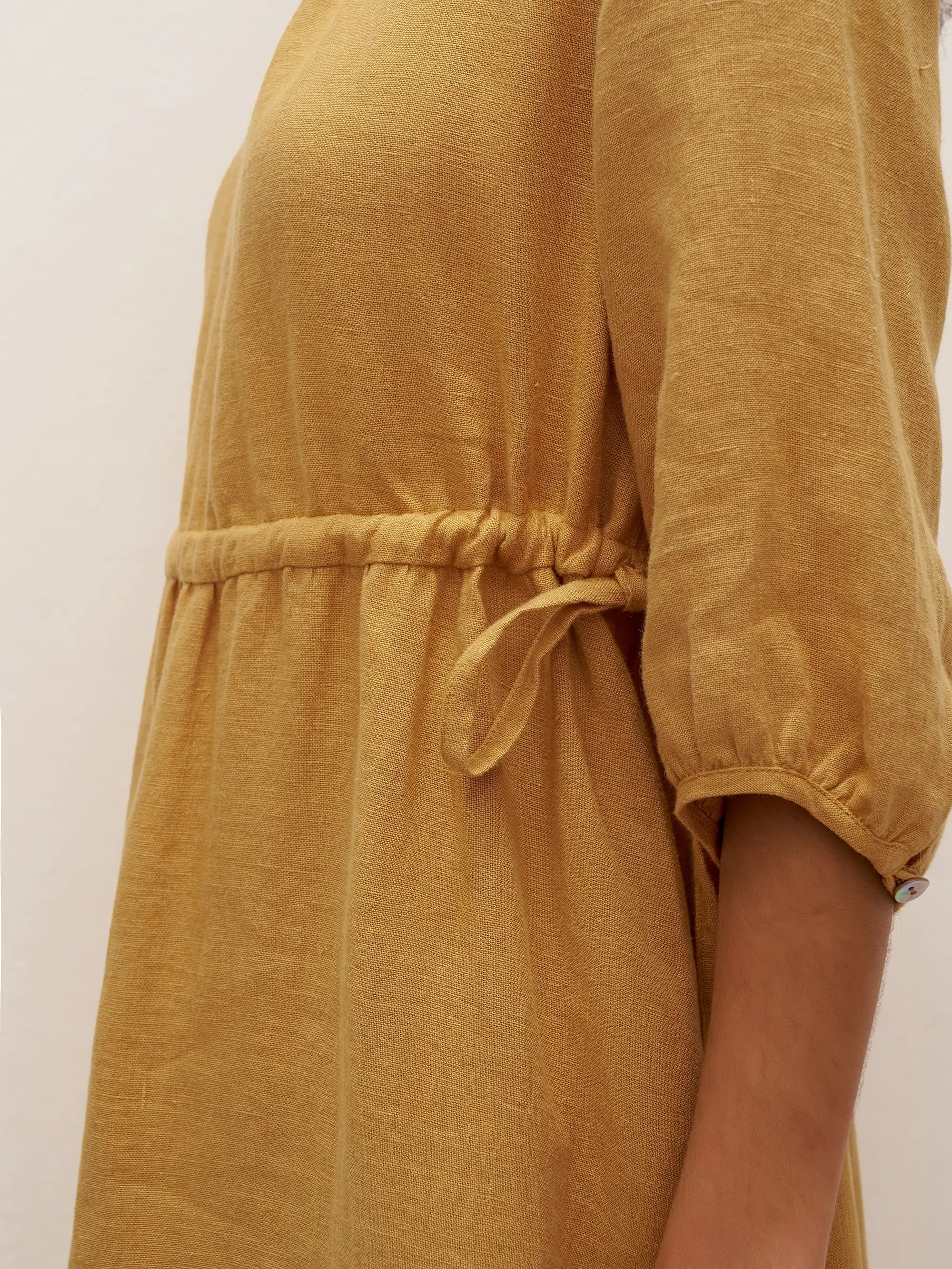 LINTICO 100% Linen A-Line Drawstring Waist Midi Dress DIXIE — fabric or material detail