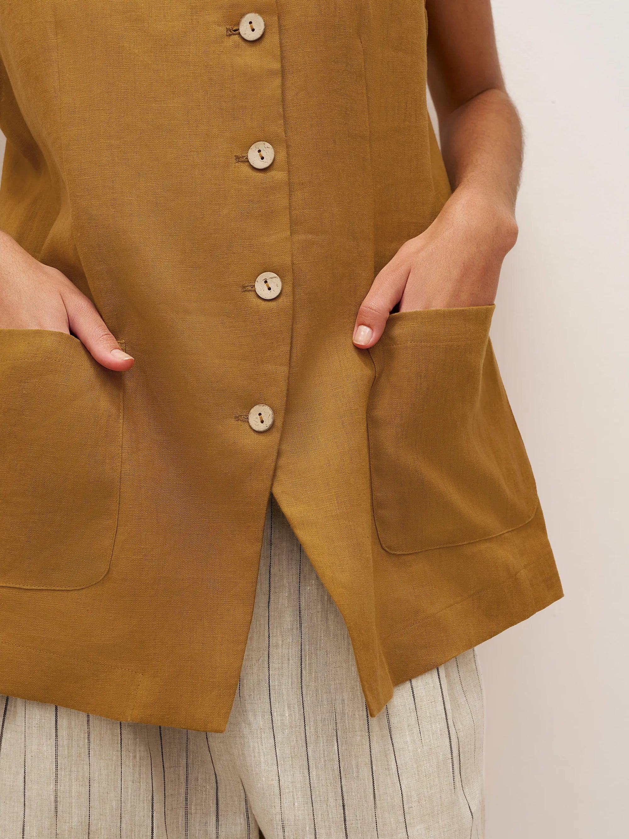 LINTICO 100% Linen Arc-Placket Button-Front Vest ELFRIDA — comparison shot