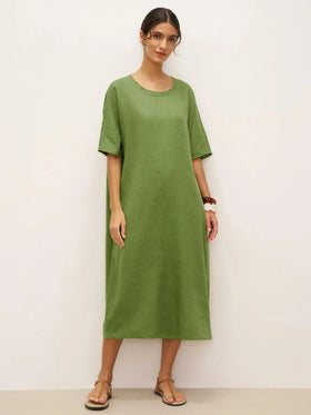 100% Linen Oversized O-Line Belted Midi Dress LORETTA—Multi-Way Wear