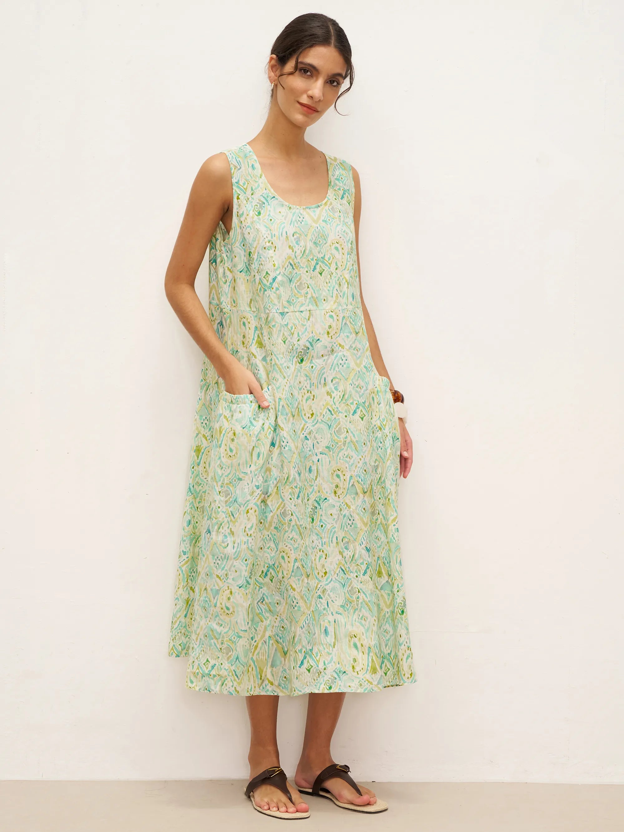 LINTICO LINTICO 100% Linen Floral Swing Beach Tank Dress LORRAINE — lifestyle worn / used context