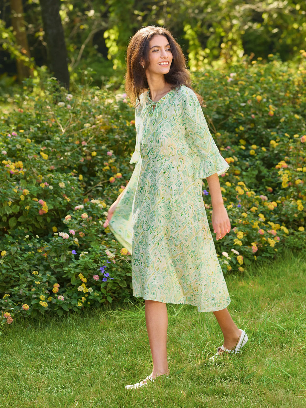 LINTICO 100% Linen A-Line Ruffled Collar Tie-Neck Midi Dress LIVIA — dresses-midi dresses-linen category context