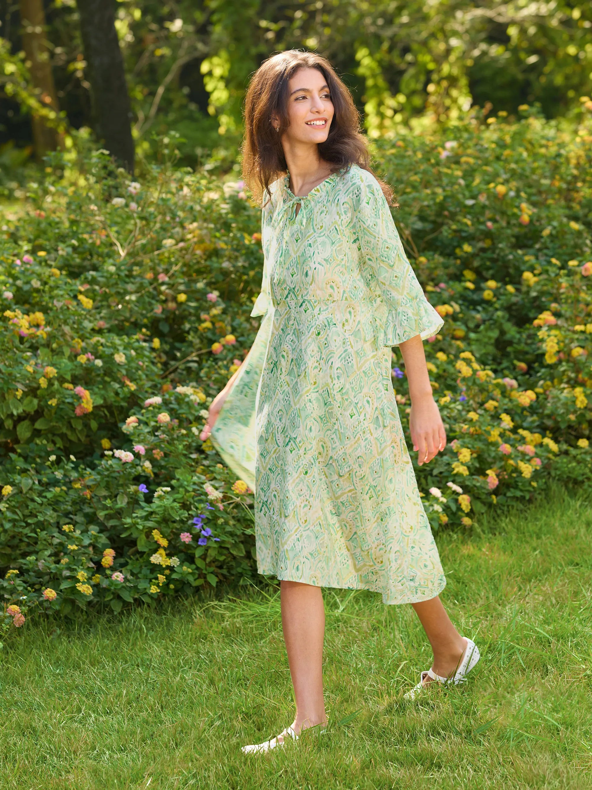 LINTICO 100% Linen A-Line Ruffled Collar Tie-Neck Midi Dress LIVIA — dresses-midi dresses-linen category context