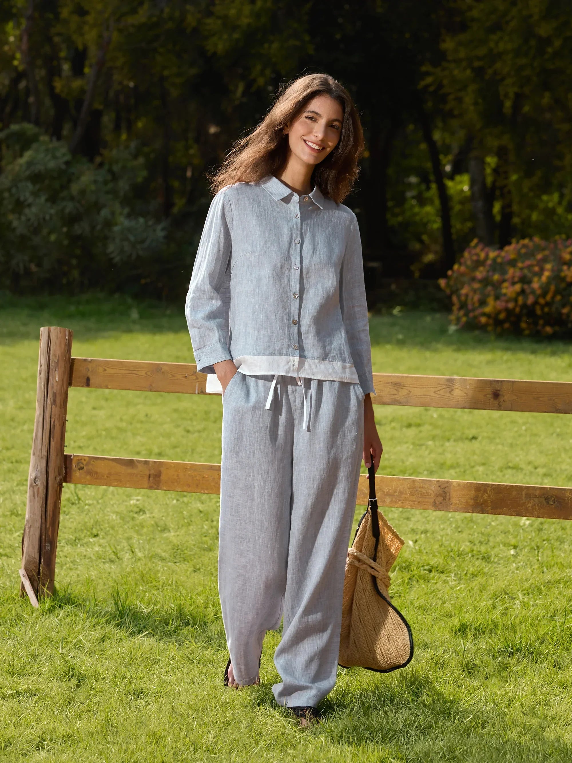 LINTICO 100% Linen Buttoned Closure Color-Blocked Shirt JANICE — lifestyle worn / used context