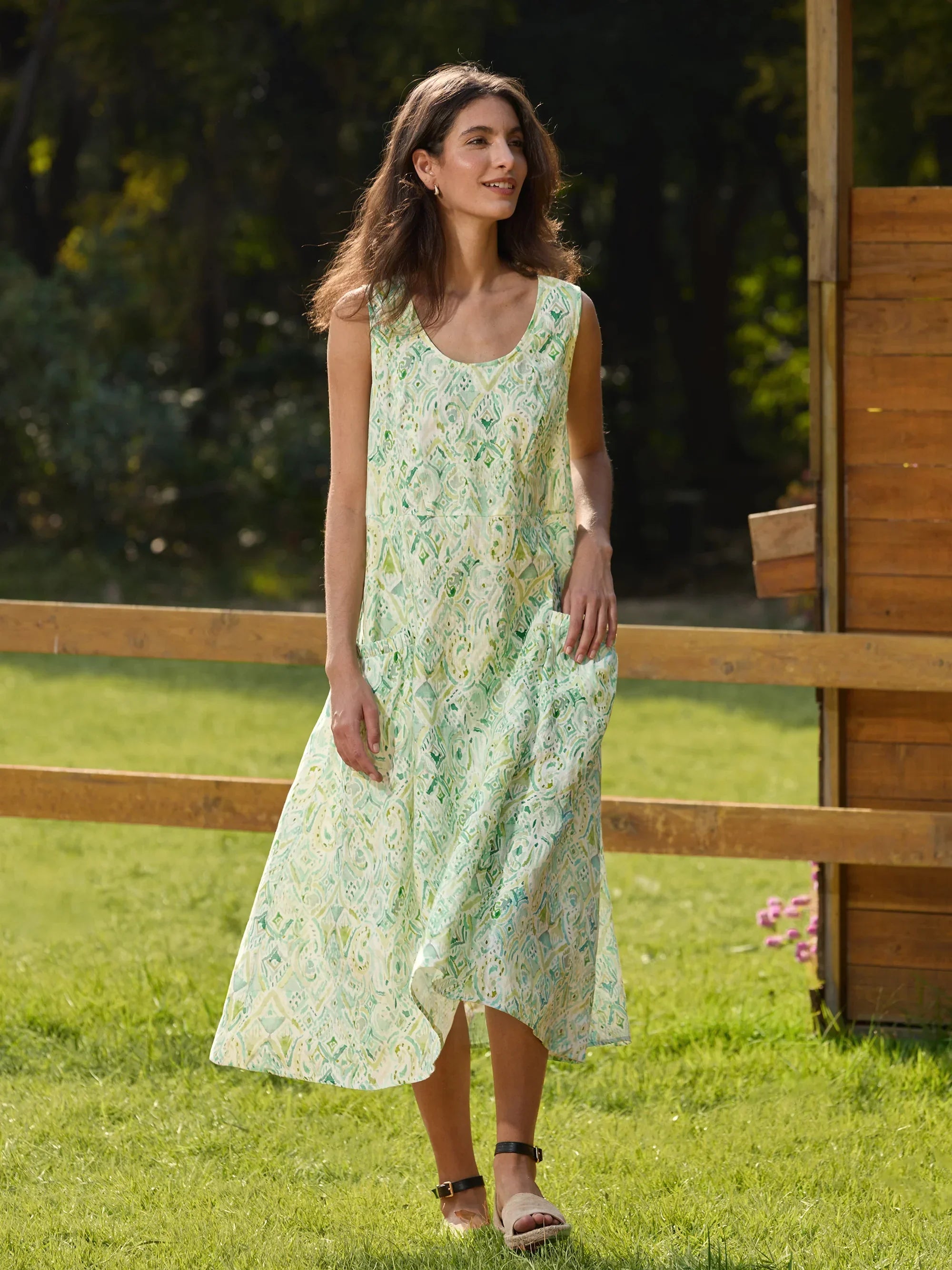 LINTICO LINTICO 100% Linen Floral Swing Beach Tank Dress LORRAINE — dresses-midi dresses-linen category context