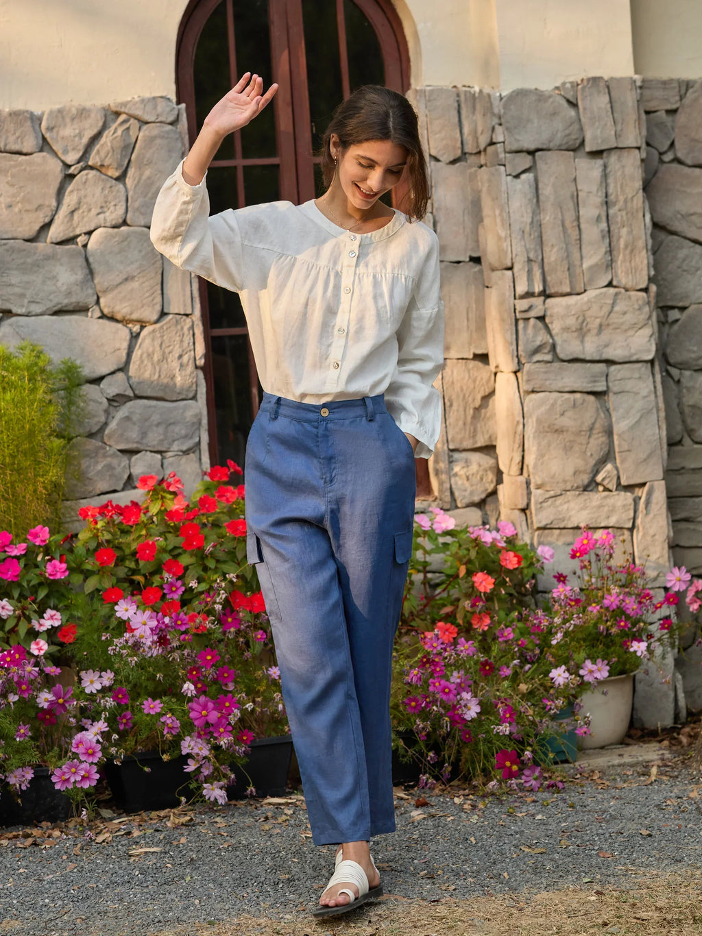 LINTICO 100% Linen Cargo Tapered Trousers with Patch Pockets JESSE — lifestyle worn / used context