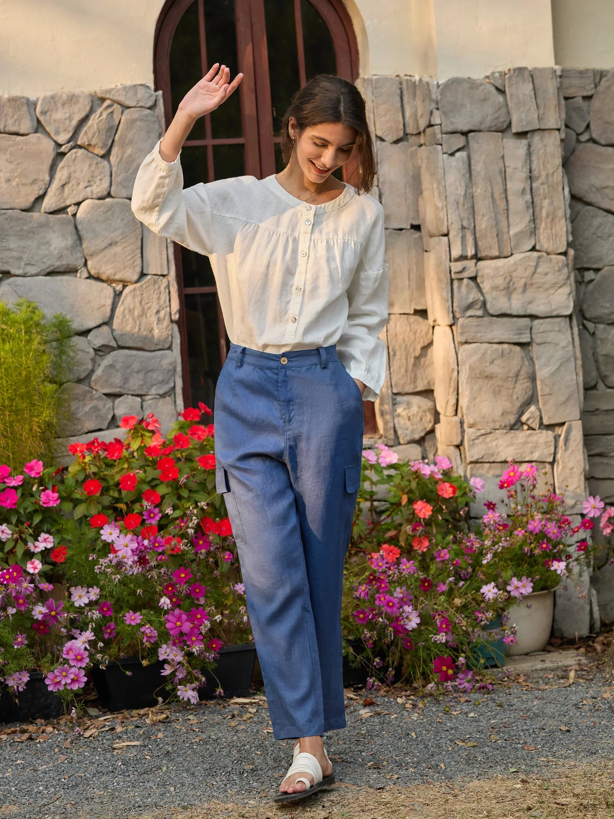 LINTICO 100% Linen Cargo Tapered Trousers with Patch Pockets JESSE — lifestyle worn / used context