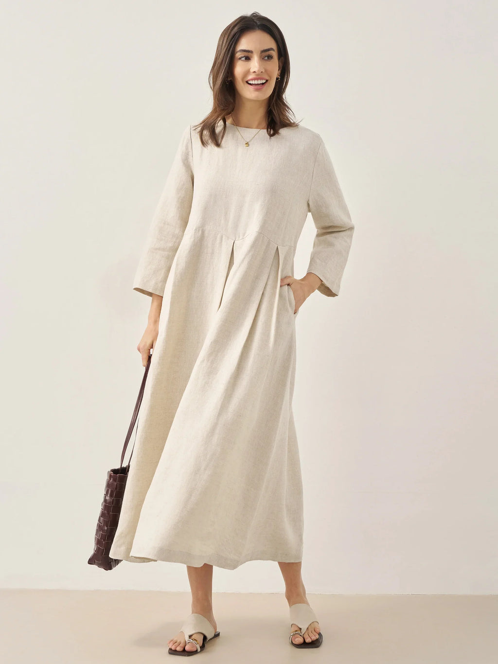 LINTICO 100% Linen Bateau Neck Pleated Maxi Dress ABIGAIL — detail shot 8