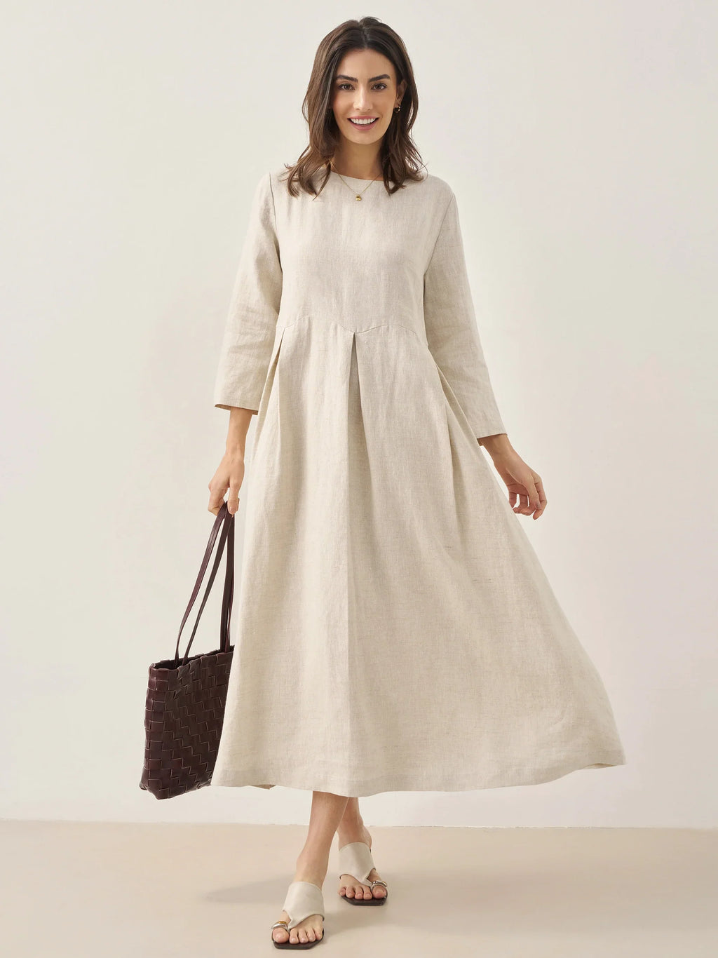 LINTICO 100% Linen Bateau Neck Pleated Maxi Dress ABIGAIL — detail shot 6