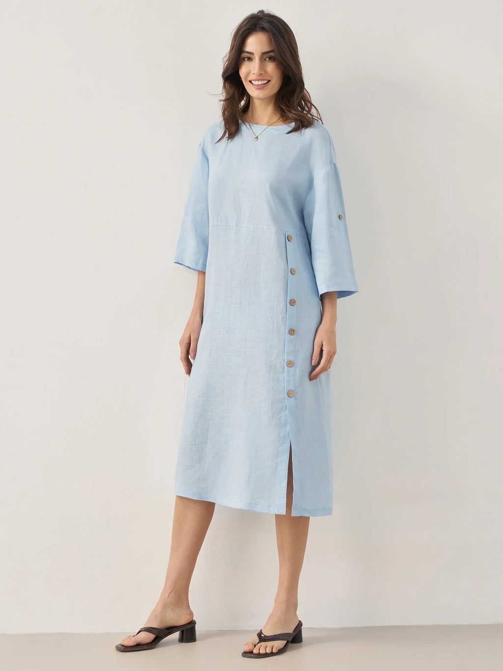 LINTICO 100% Linen Round Neck Button Detail Midi Dress JELENA — product on model
