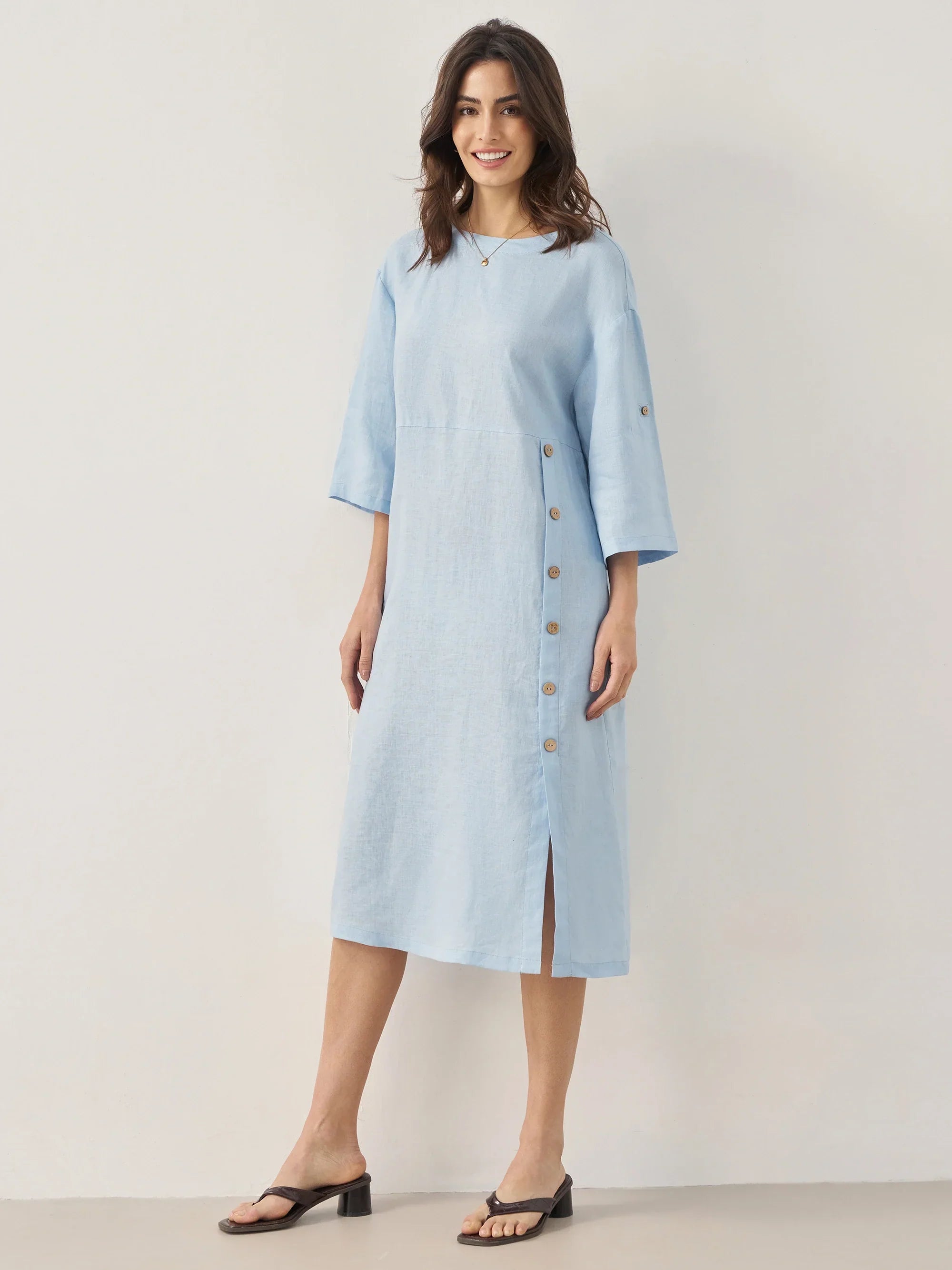 LINTICO 100% Linen Round Neck Button Detail Midi Dress JELENA — product on model
