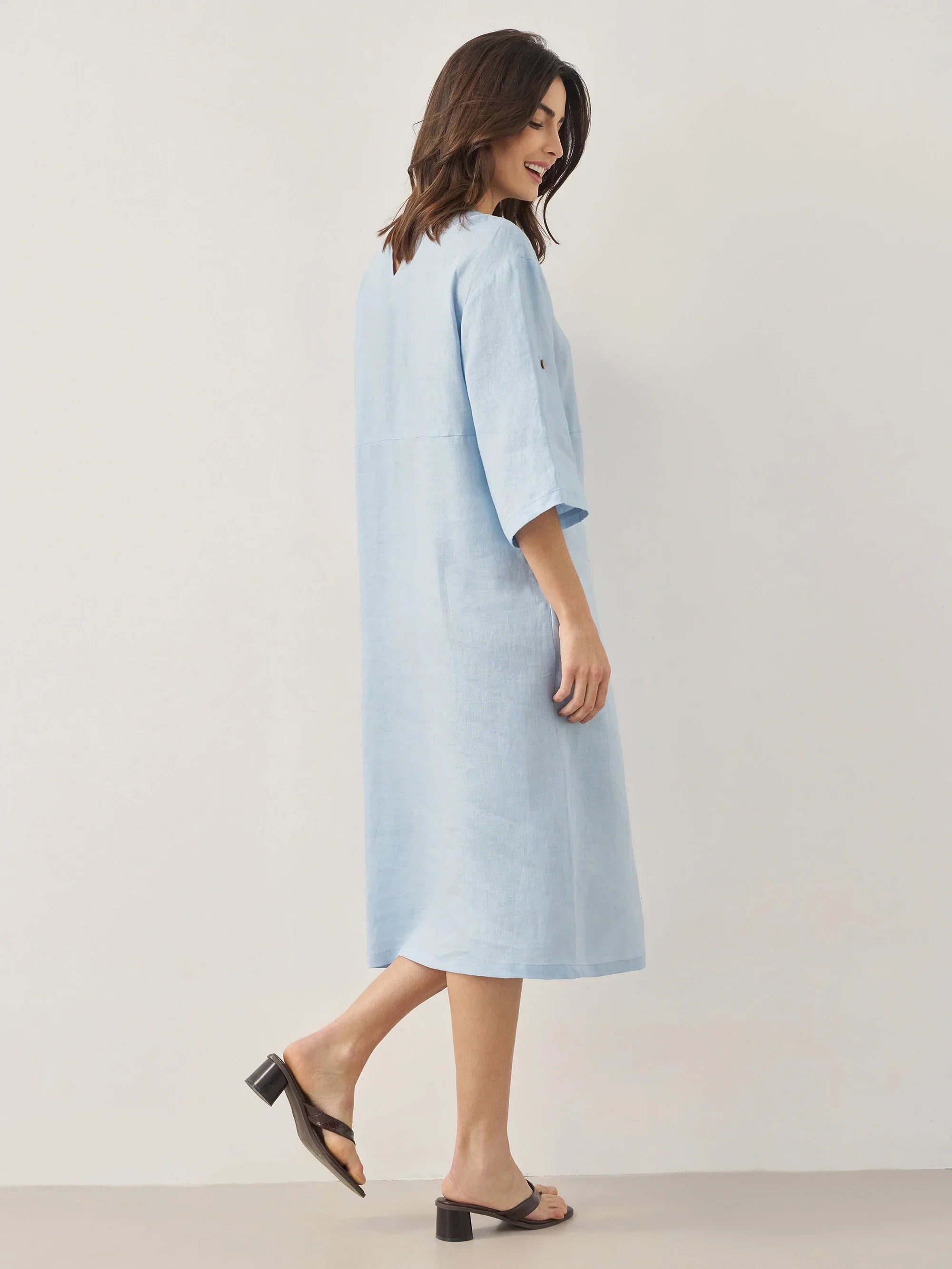 LINTICO 100% Linen Round Neck Button Detail Midi Dress JELENA — fabric or material detail