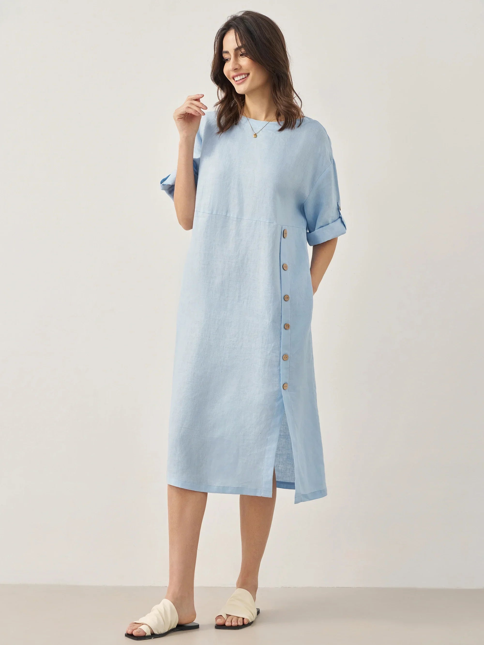 LINTICO 100% Linen Round Neck Button Detail Midi Dress JELENA — lifestyle worn / used context