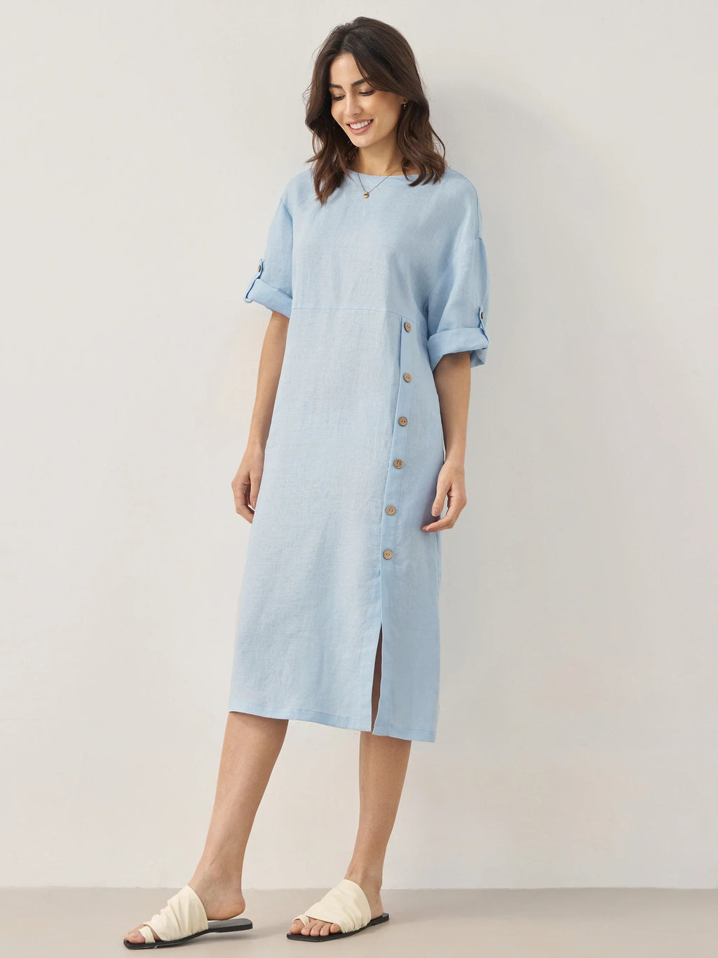 LINTICO 100% Linen Round Neck Button Detail Midi Dress JELENA — construction detail