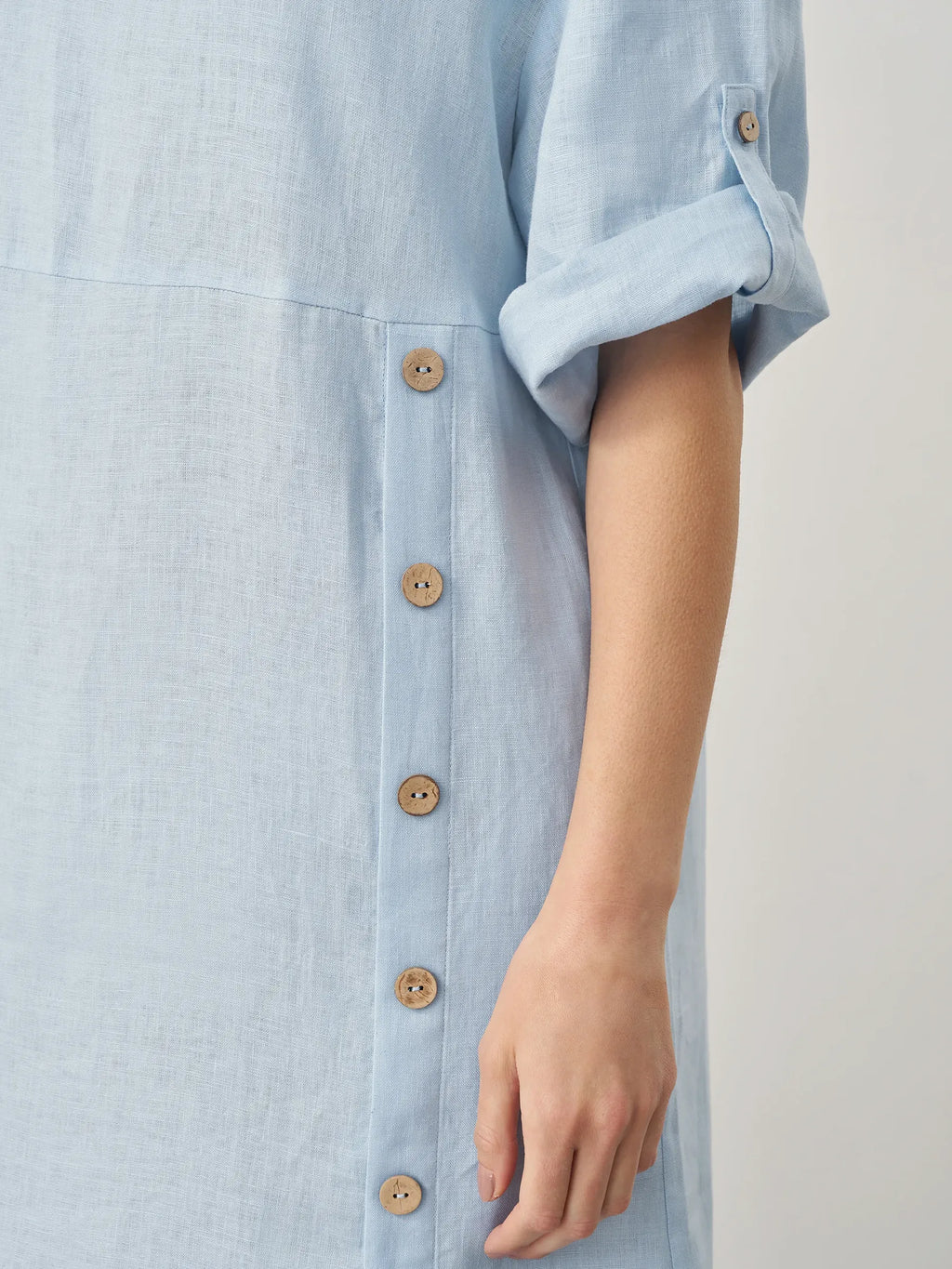 LINTICO 100% Linen Round Neck Button Detail Midi Dress JELENA — flat-lay composition