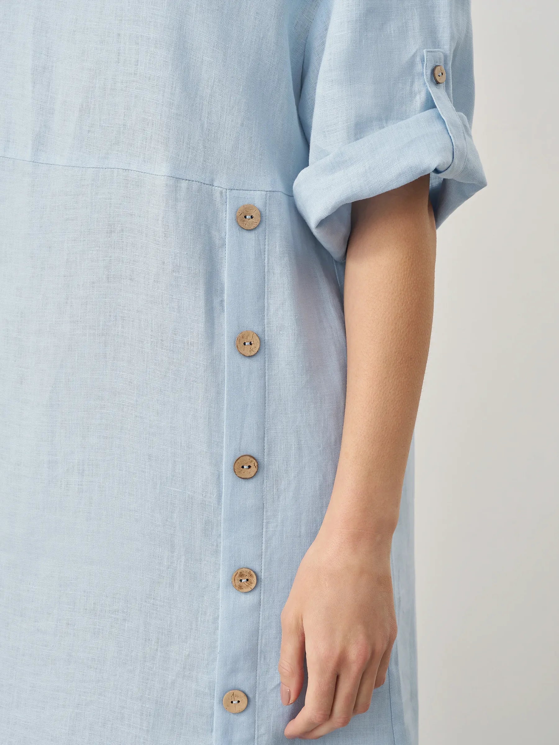 LINTICO 100% Linen Round Neck Button Detail Midi Dress JELENA — flat-lay composition