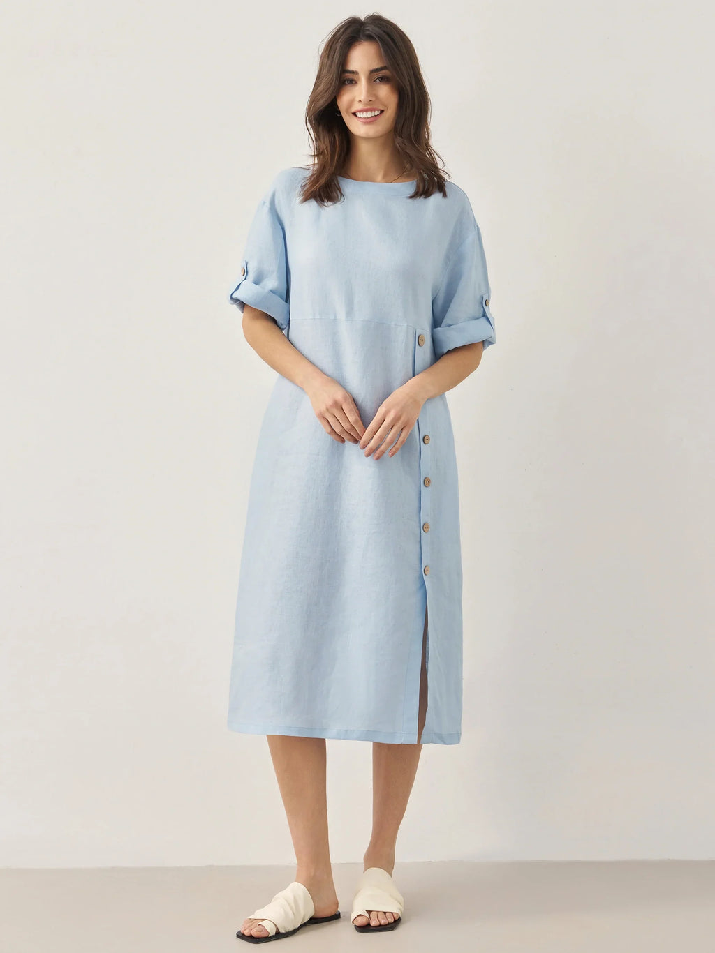 LINTICO 100% Linen Round Neck Button Detail Midi Dress JELENA — comparison shot