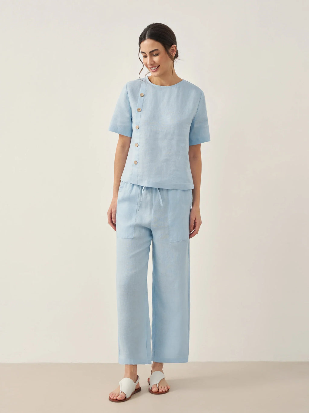 LINTICO 100% Linen Short-Sleeve Round Neck Button Detail Top & Pants Set JOSIE — detail shot 10