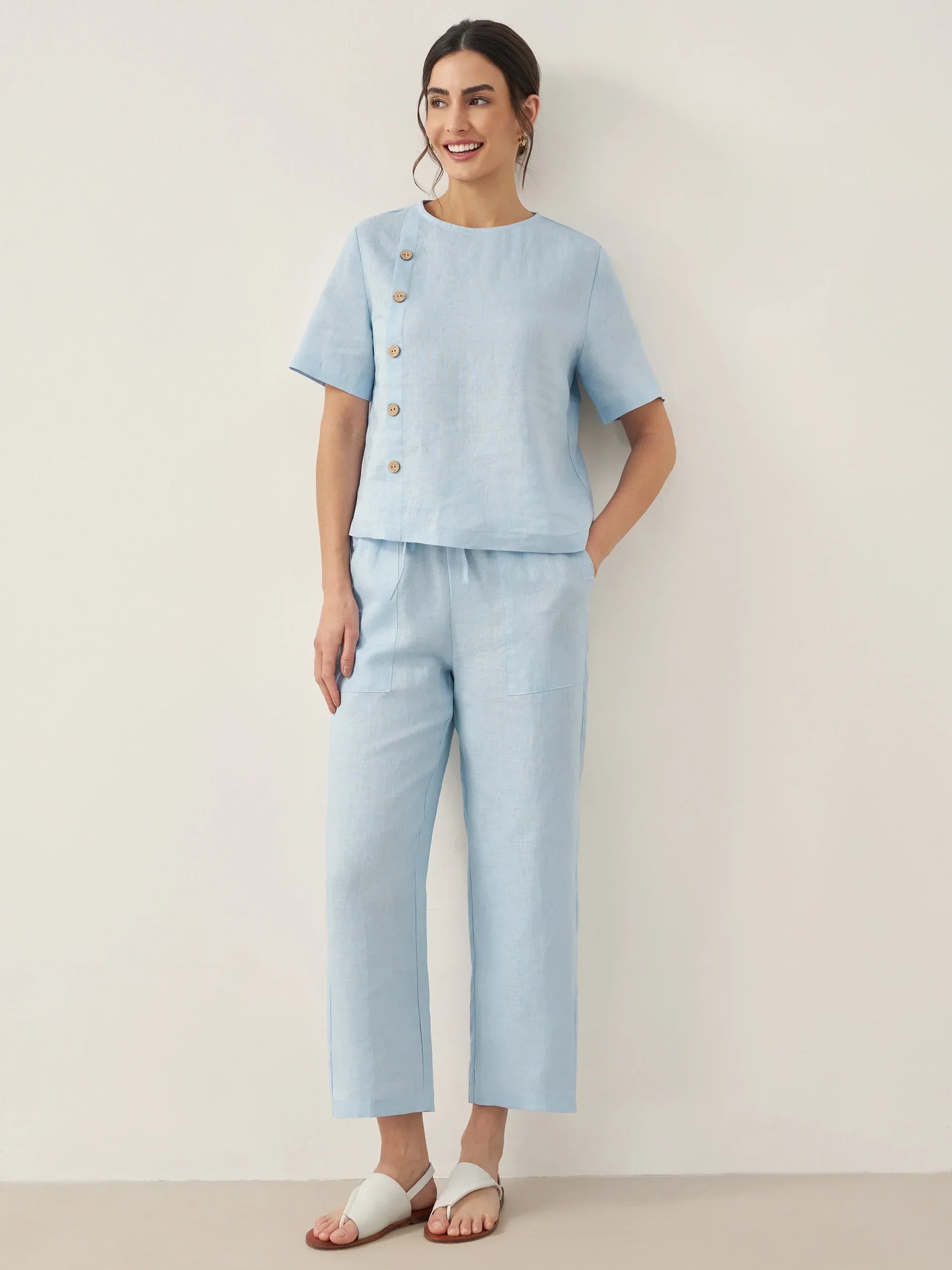 LINTICO 100% Linen Short-Sleeve Round Neck Button Detail Top & Pants Set JOSIE — main product shot