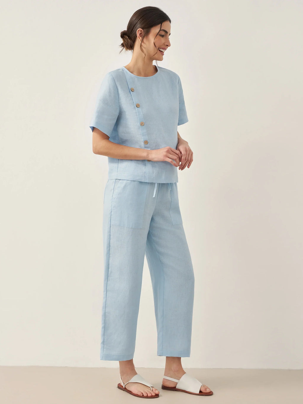 LINTICO 100% Linen Short-Sleeve Round Neck Button Detail Top & Pants Set JOSIE — construction detail