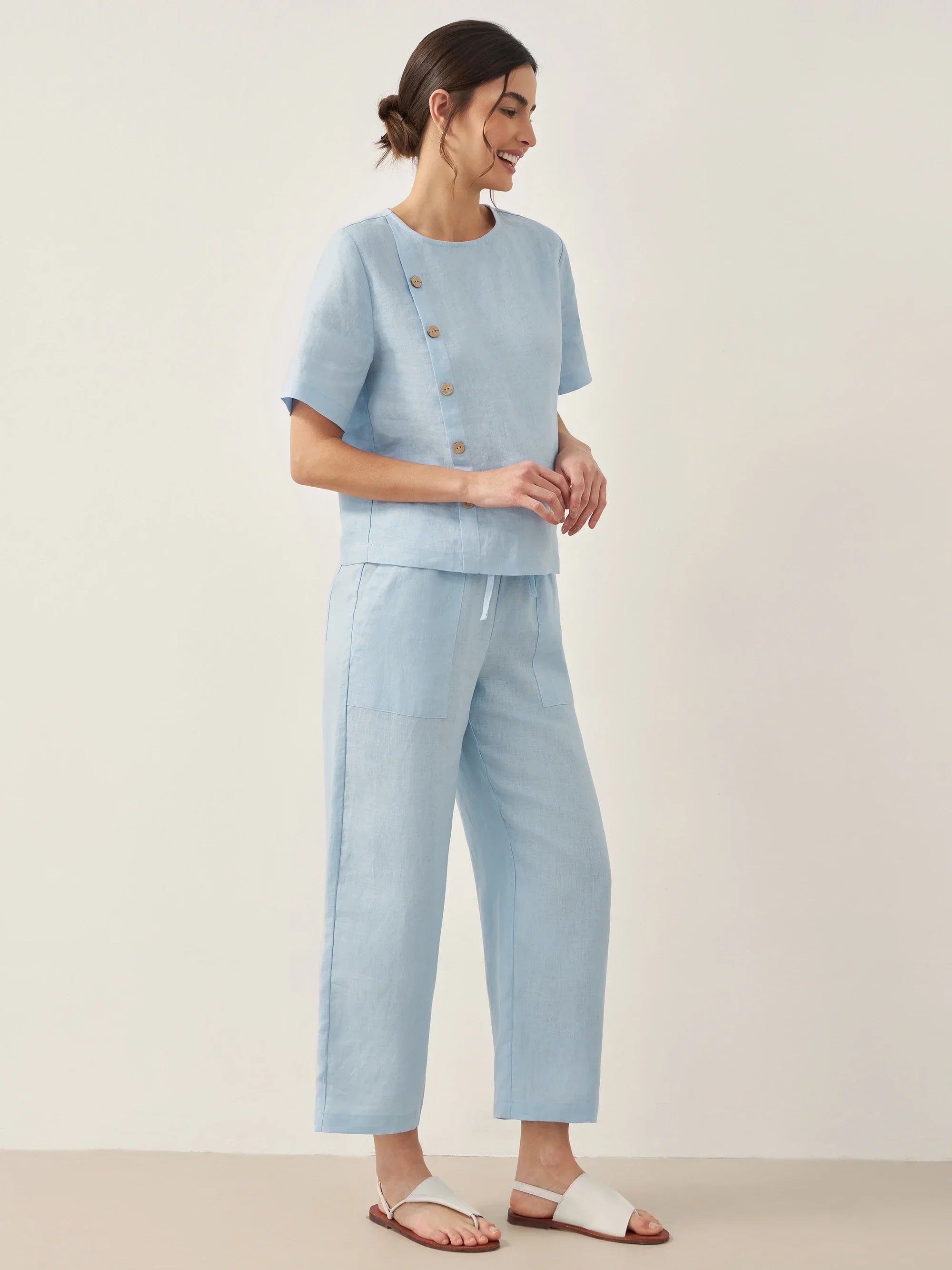 LINTICO 100% Linen Short-Sleeve Round Neck Button Detail Top & Pants Set JOSIE — construction detail