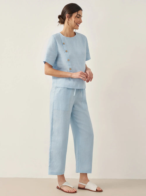 LINTICO 100% Linen Short-Sleeve Round Neck Button Detail Top & Pants Set JOSIE — construction detail