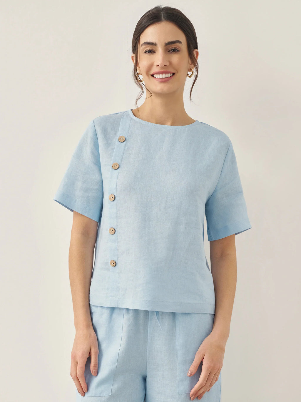 LINTICO 100% Linen Short-Sleeve Round Neck Button Detail Top & Pants Set JOSIE — lifestyle worn / used context